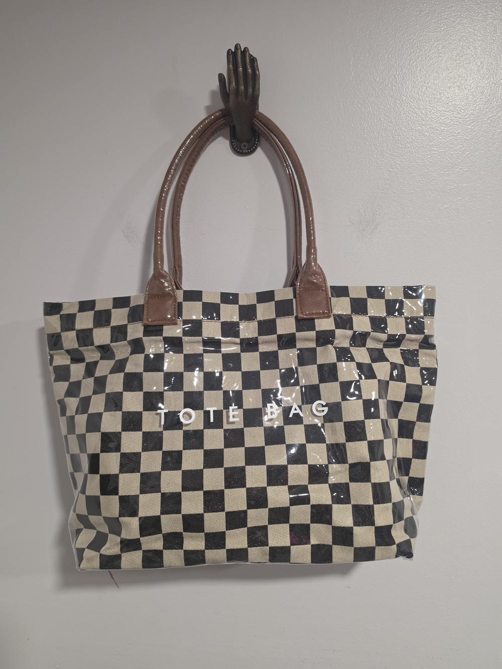 Roomy Black and Cream Checkerboard "Tote Bag" with Brown Handles